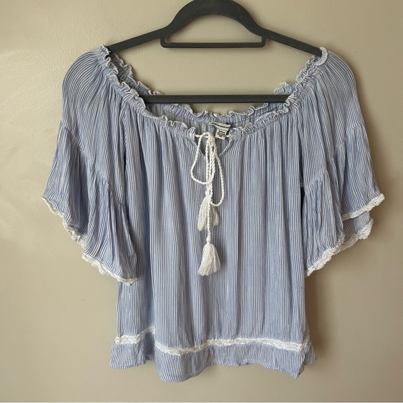 American Eagle Women's Blue Off-Shoulder Boho Front Tie Babydoll Top Size Small - Picture 1 of 6
